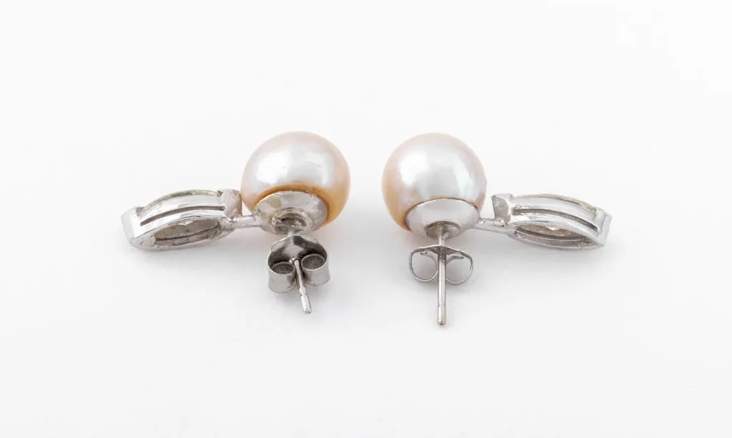 14K White Gold Cultured Pearl Diamond Earrings