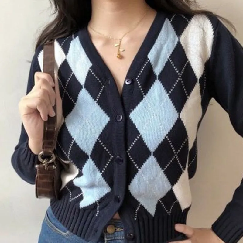 Argyle Women Cardigan Vintage Autumn Knit Short Sweater Long Sleeve England Fashion Casual Female Outwear