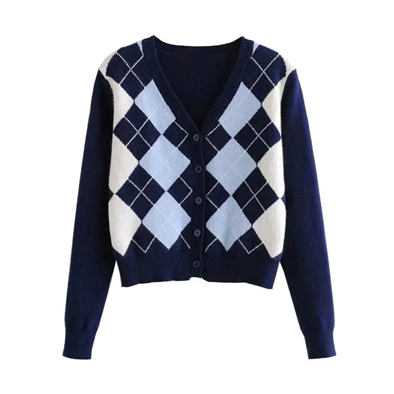 Argyle Women Cardigan Vintage Autumn Knit Short Sweater Long Sleeve England Fashion Casual Female Outwear