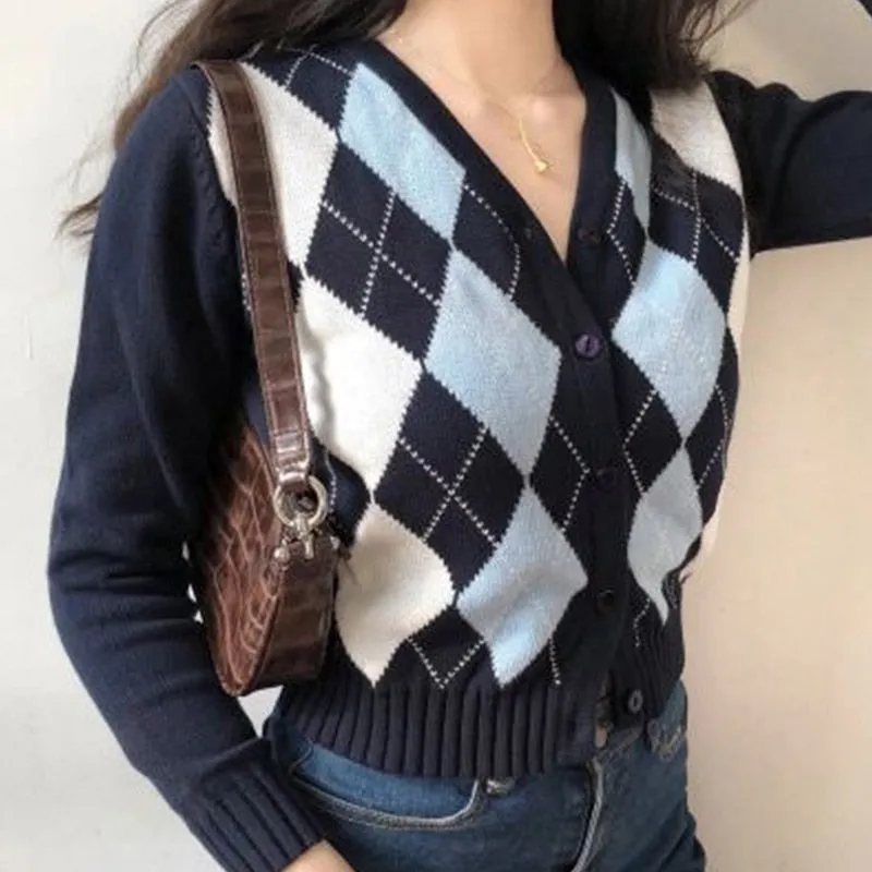 Argyle Women Cardigan Vintage Autumn Knit Short Sweater Long Sleeve England Fashion Casual Female Outwear