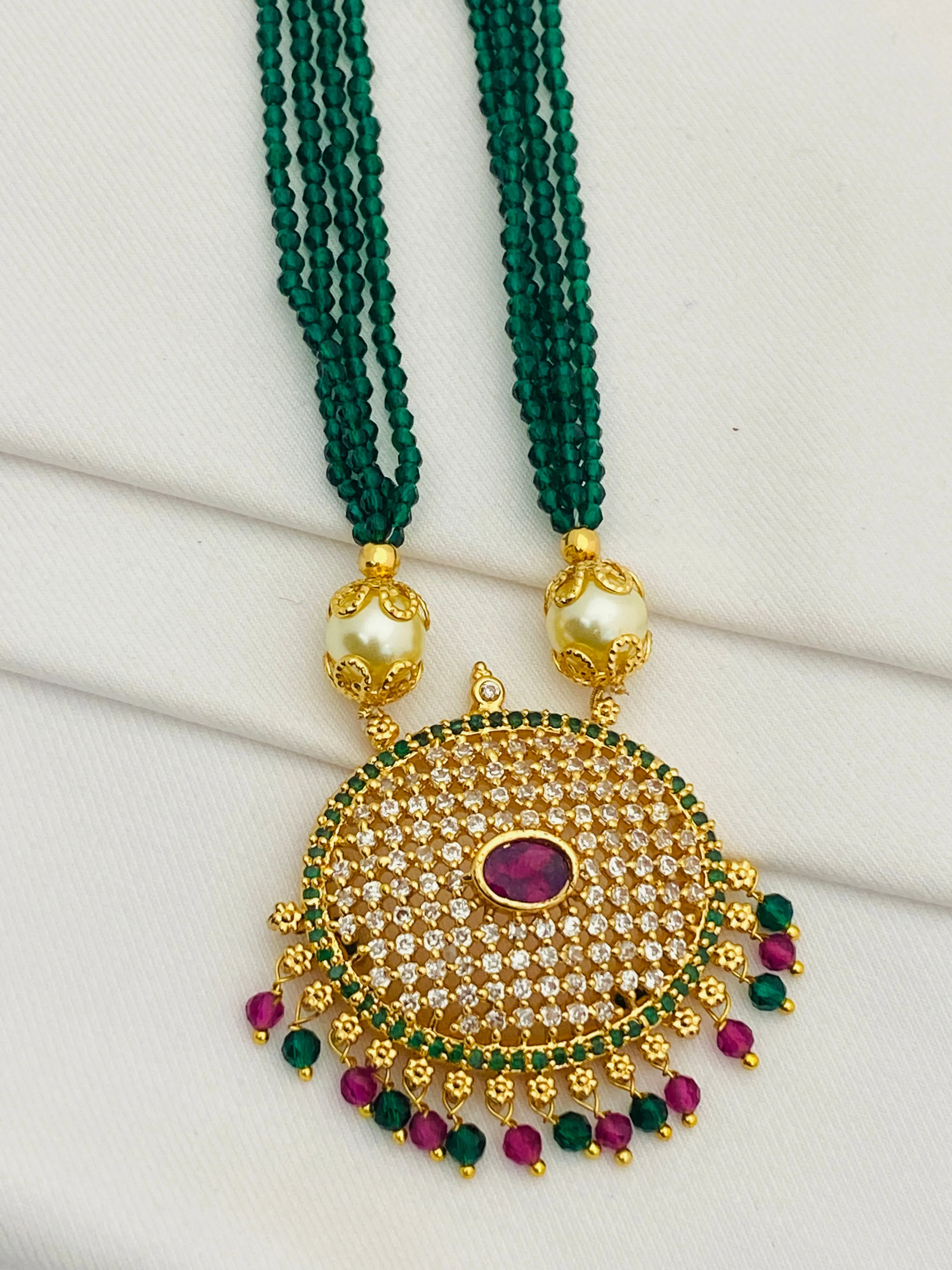 Attractive Gold Plated Antique Green Kundan Rani Haar Beaded Pendant Set For Women