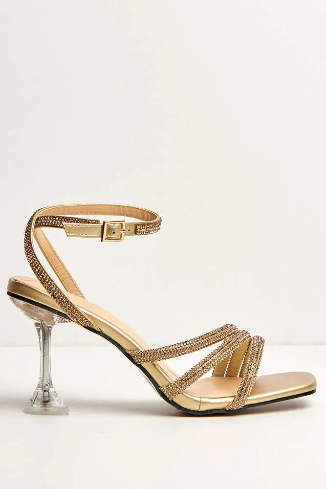 Azura Perspex Heel Diamante Embellished Anklestrap Sandals in Gold