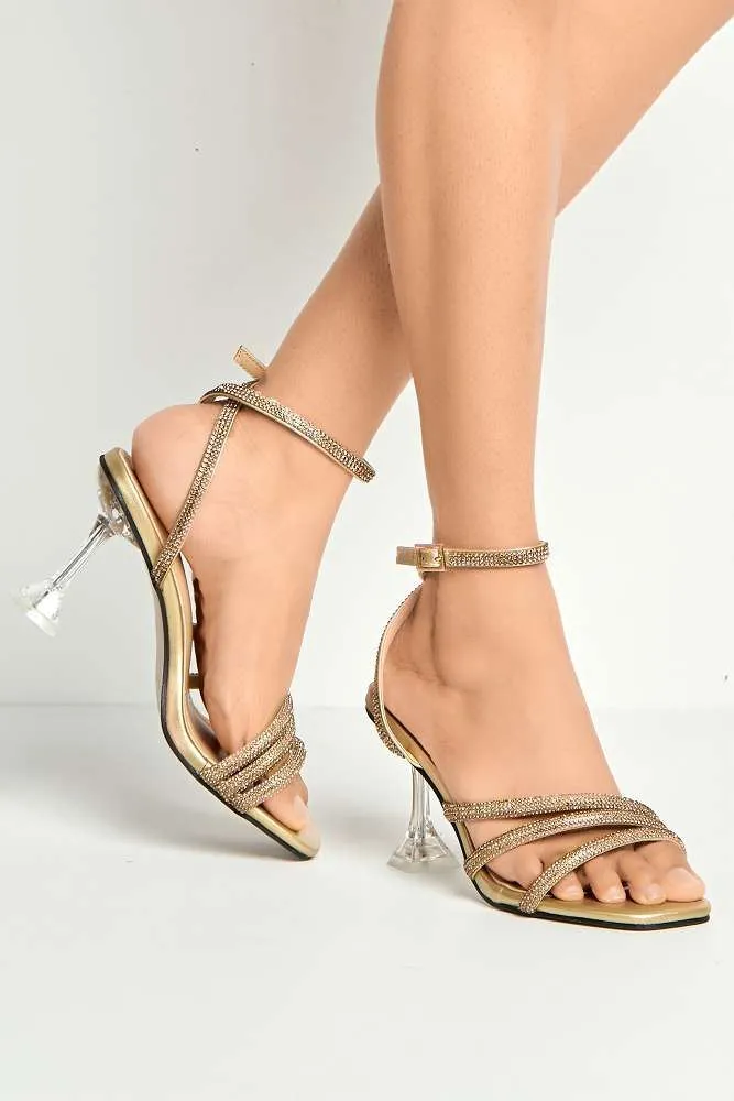 Azura Perspex Heel Diamante Embellished Anklestrap Sandals in Gold