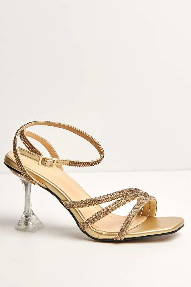 Azura Perspex Heel Diamante Embellished Anklestrap Sandals in Gold