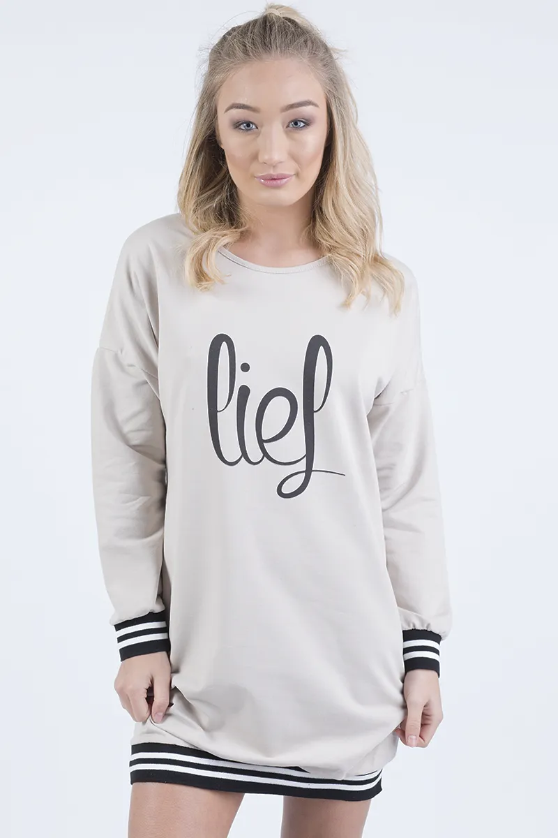 Beige Lies Slogan Jumper Dress - Ellie