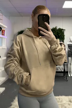 Beige Ruched Sleeve Oversized Hoodie - Lorna