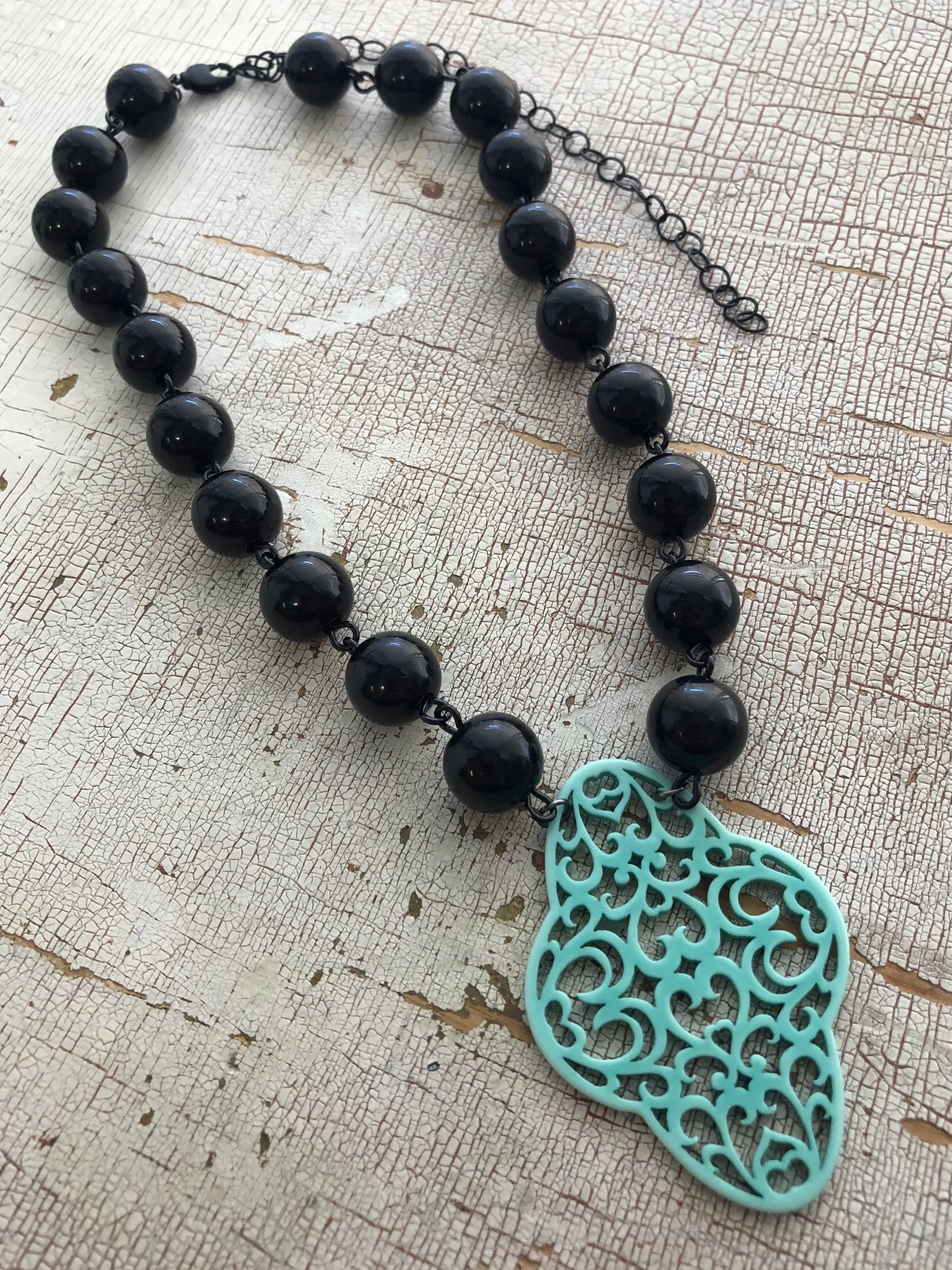 Black & Turquoise Boho Lace Beaded Aleta Necklace