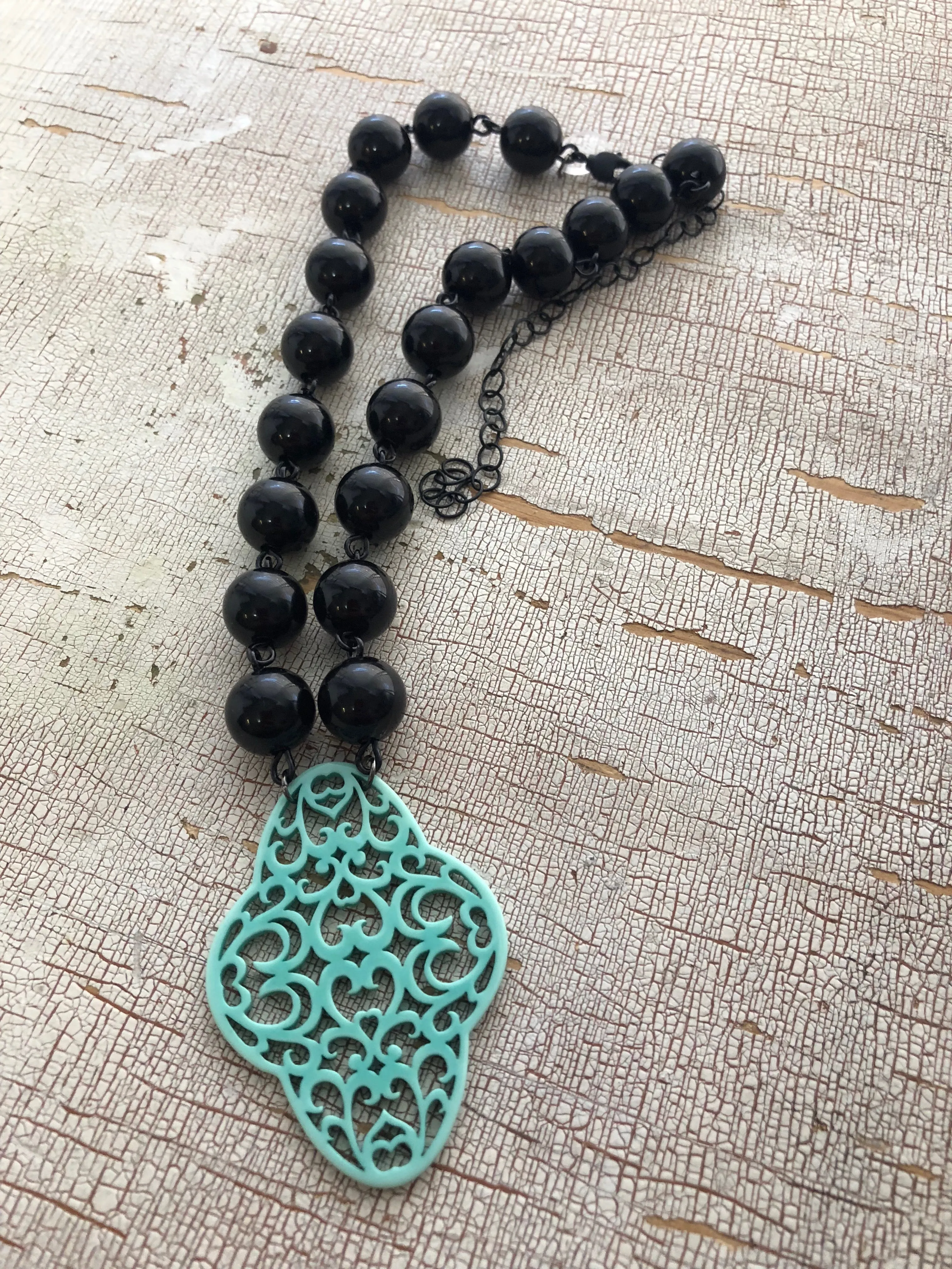 Black & Turquoise Boho Lace Beaded Aleta Necklace