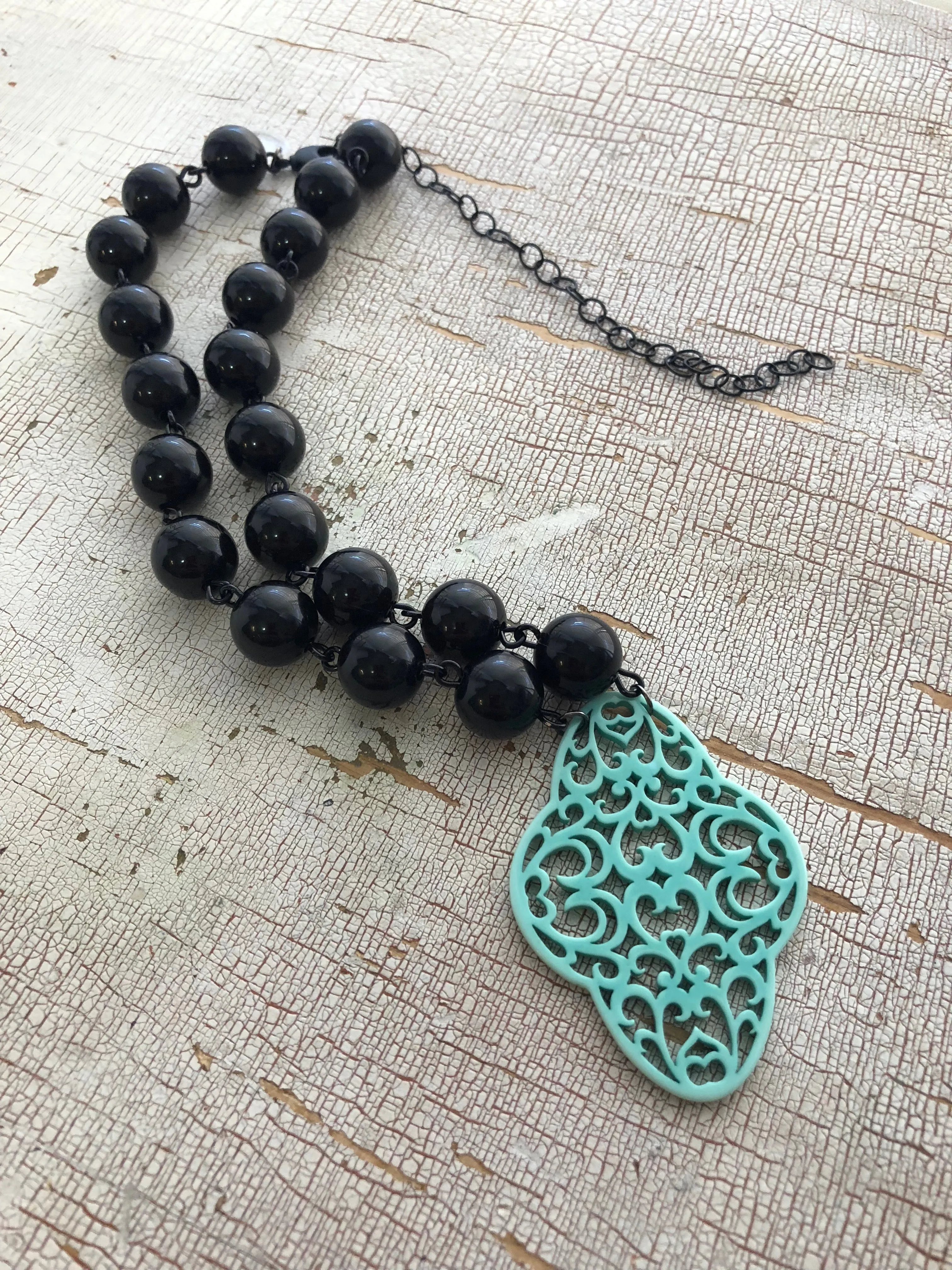 Black & Turquoise Boho Lace Beaded Aleta Necklace