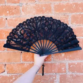 Black Battenberg Large Lace Cotton Fan