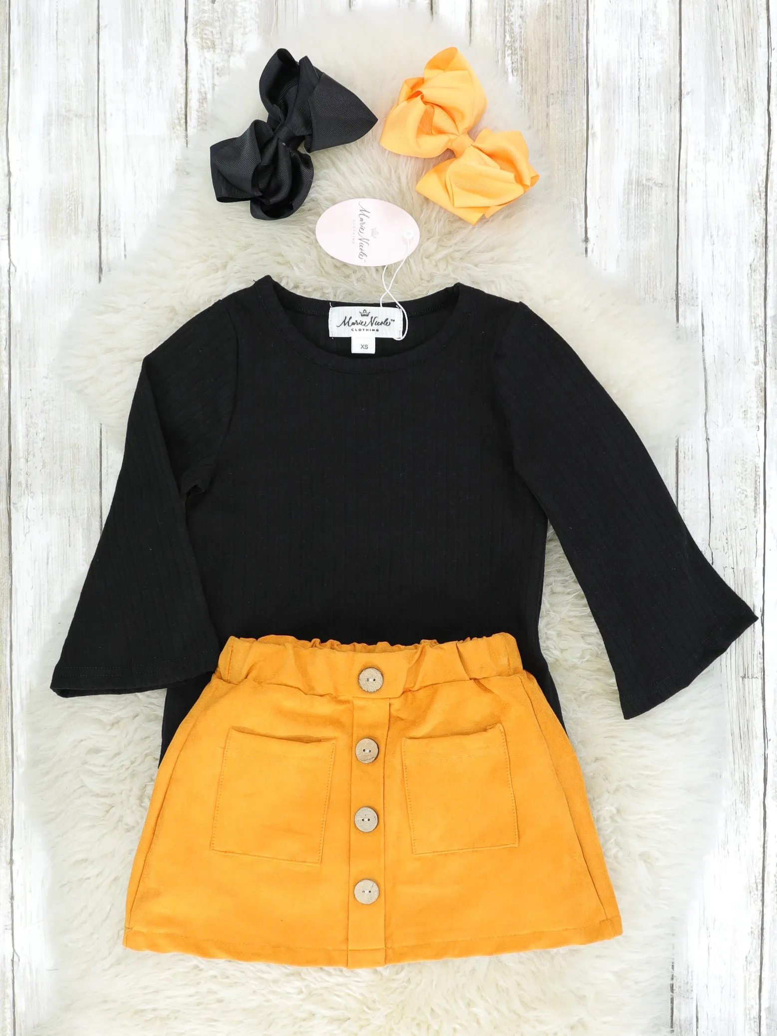 Black Bell Sleeve Top & Suede Mustard Skirt Outfit