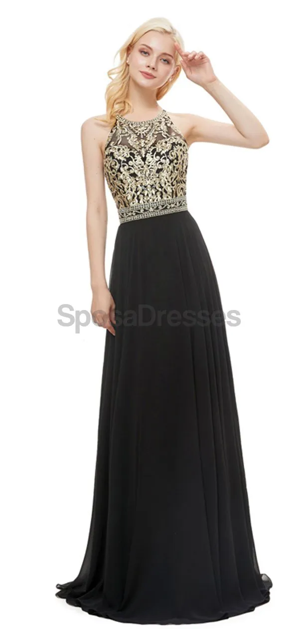 Black Chiffon Gold Lace Beaded Evening Prom Dresses, Evening Party Prom Dresses, 12053