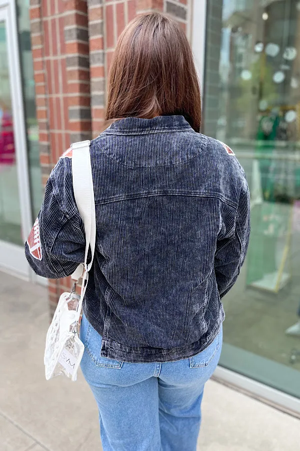 BLACK CORDUROY SEQUIN FOOTBALL CROPPED JACKET