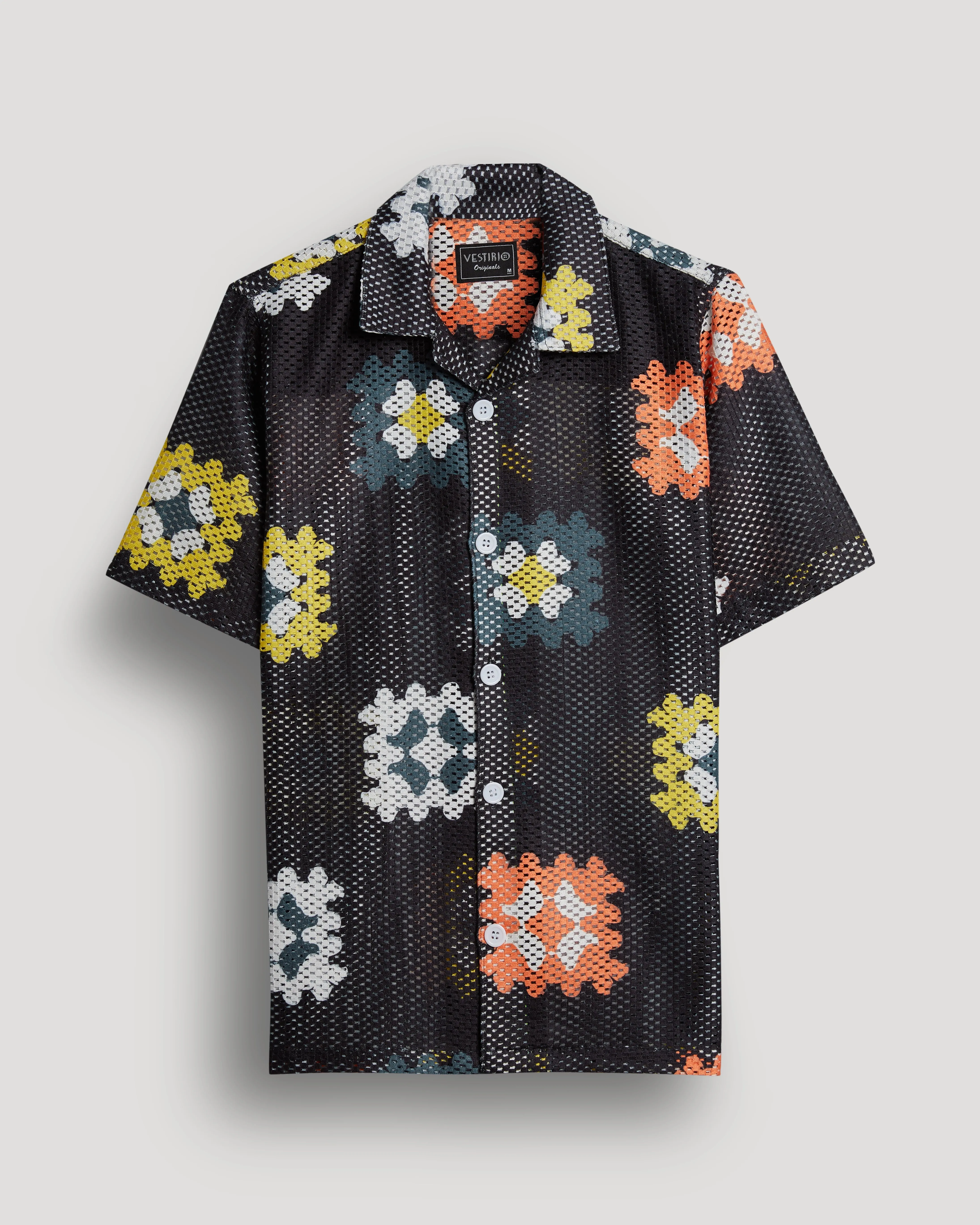 Black crochet granny square printed shirt