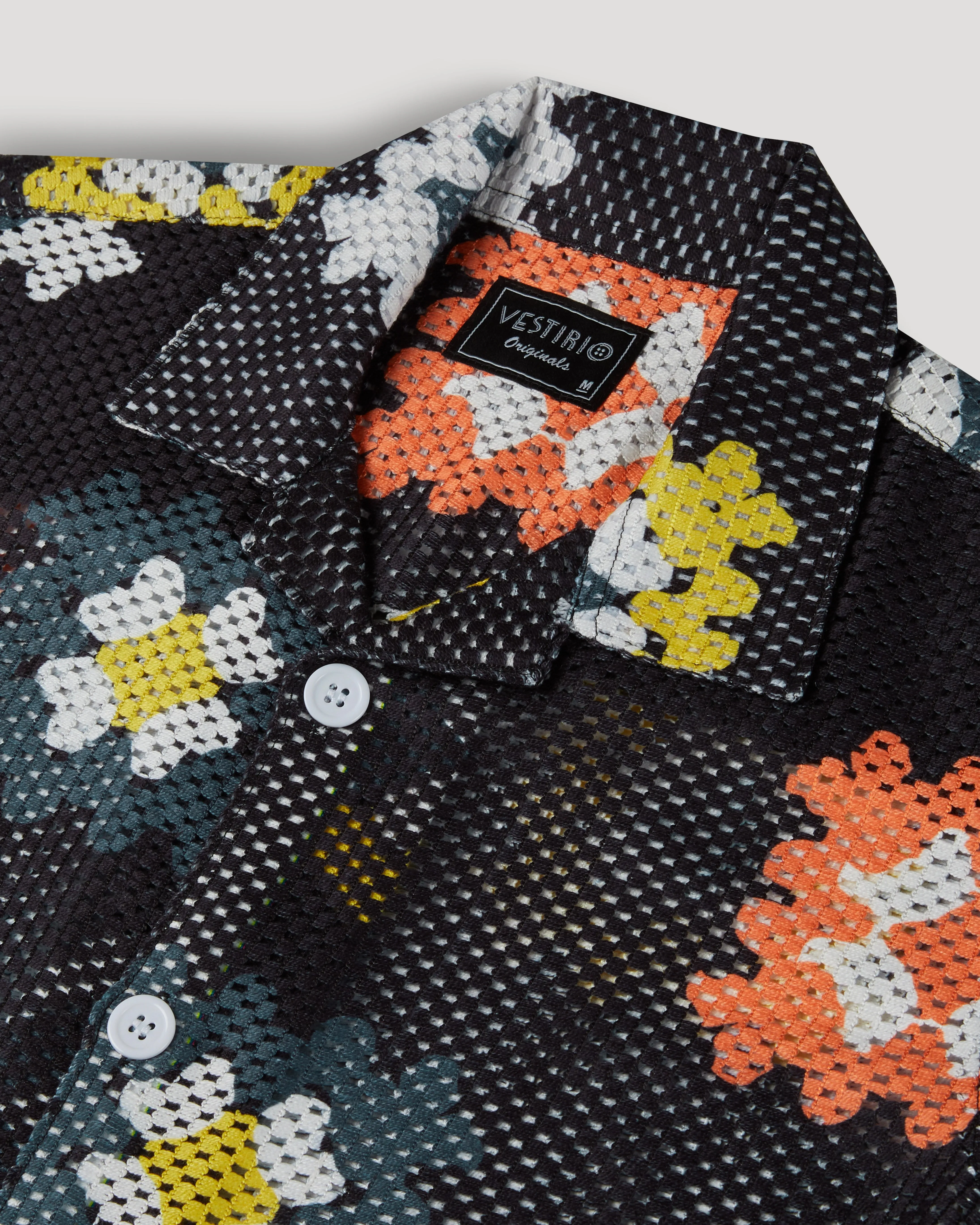 Black crochet granny square printed shirt