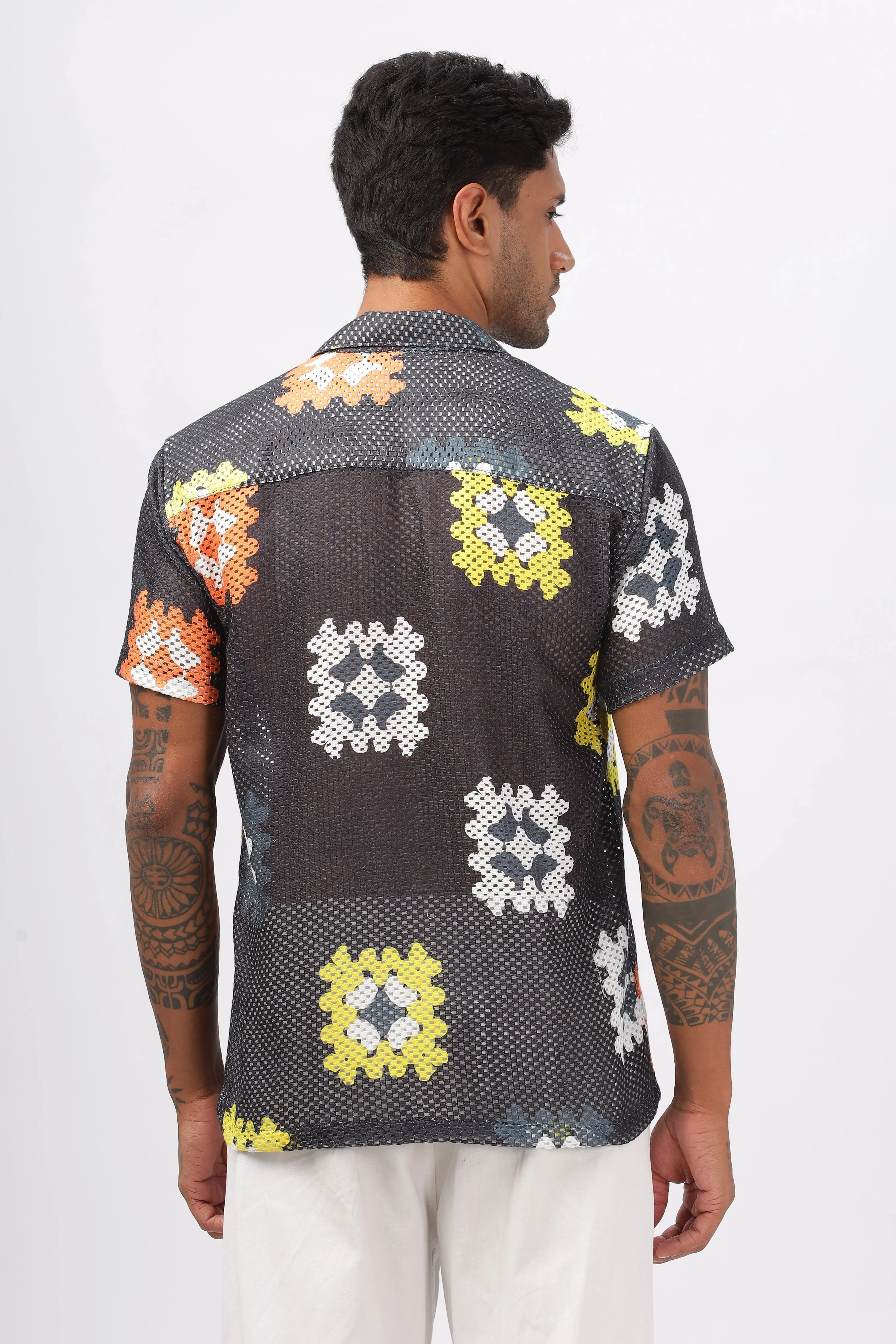 Black crochet granny square printed shirt