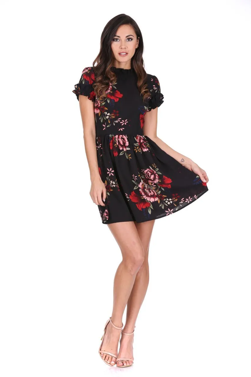 Black Floral Frill Sleeve High Neck Dress