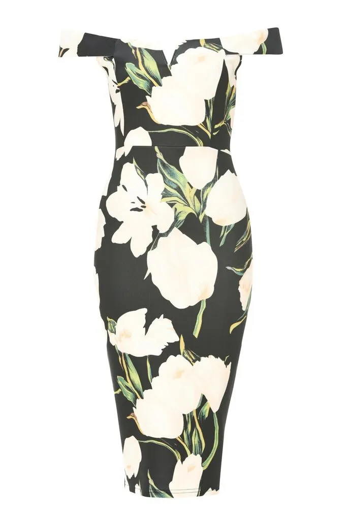 Black Floral Print Bardot Dress