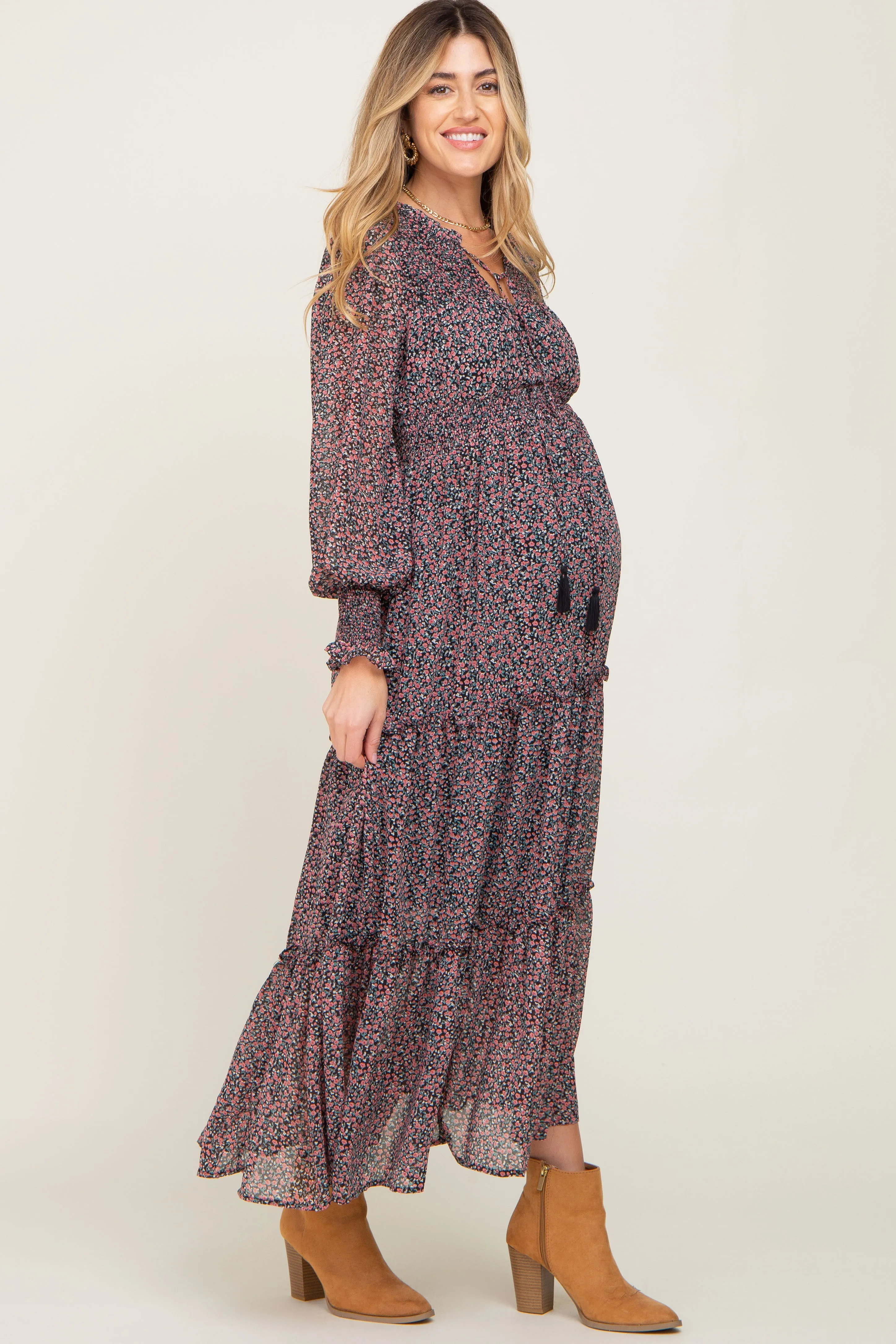 Black Floral Smocked Tiered Maternity Maxi Dress