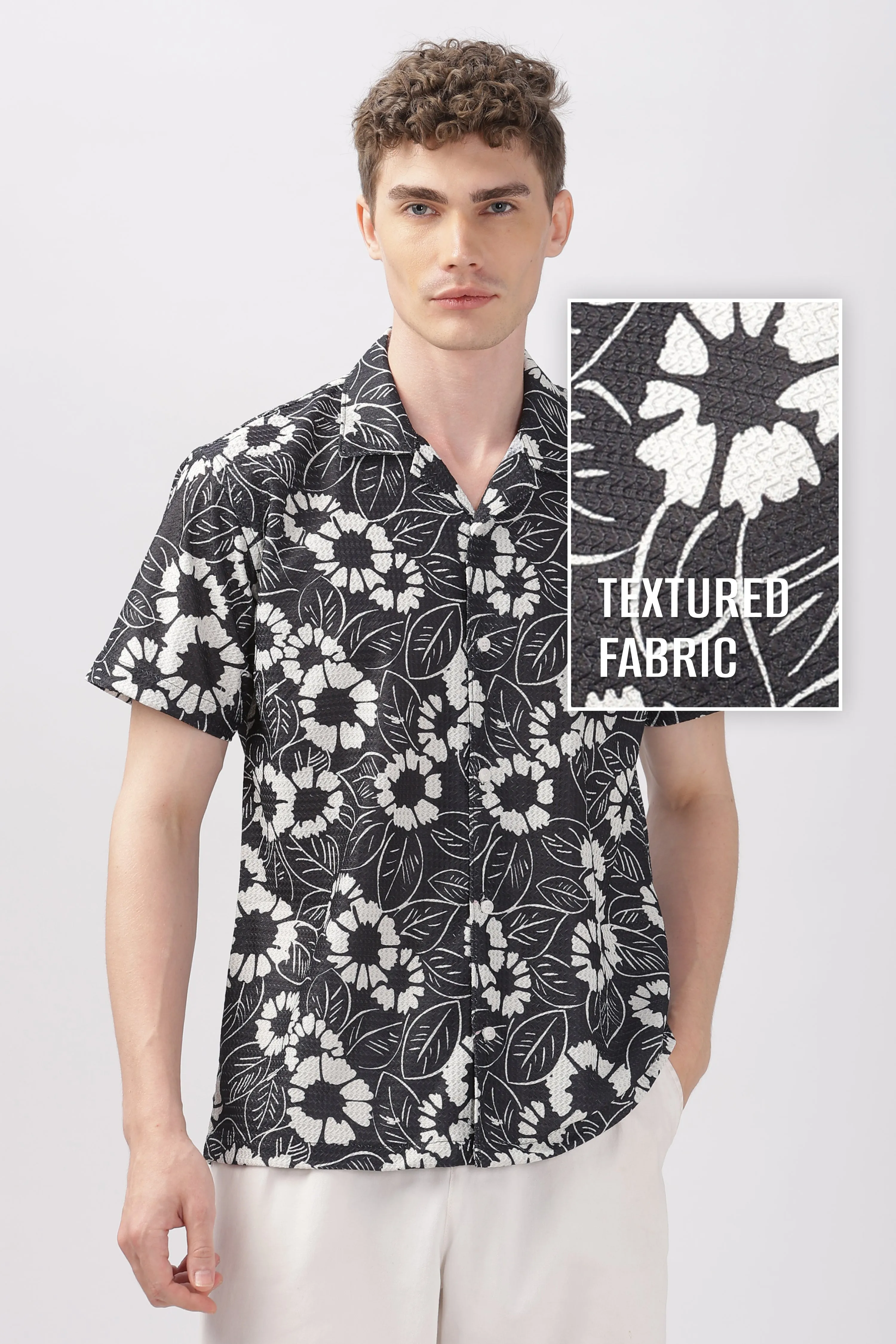 Black flower printed textured shirt