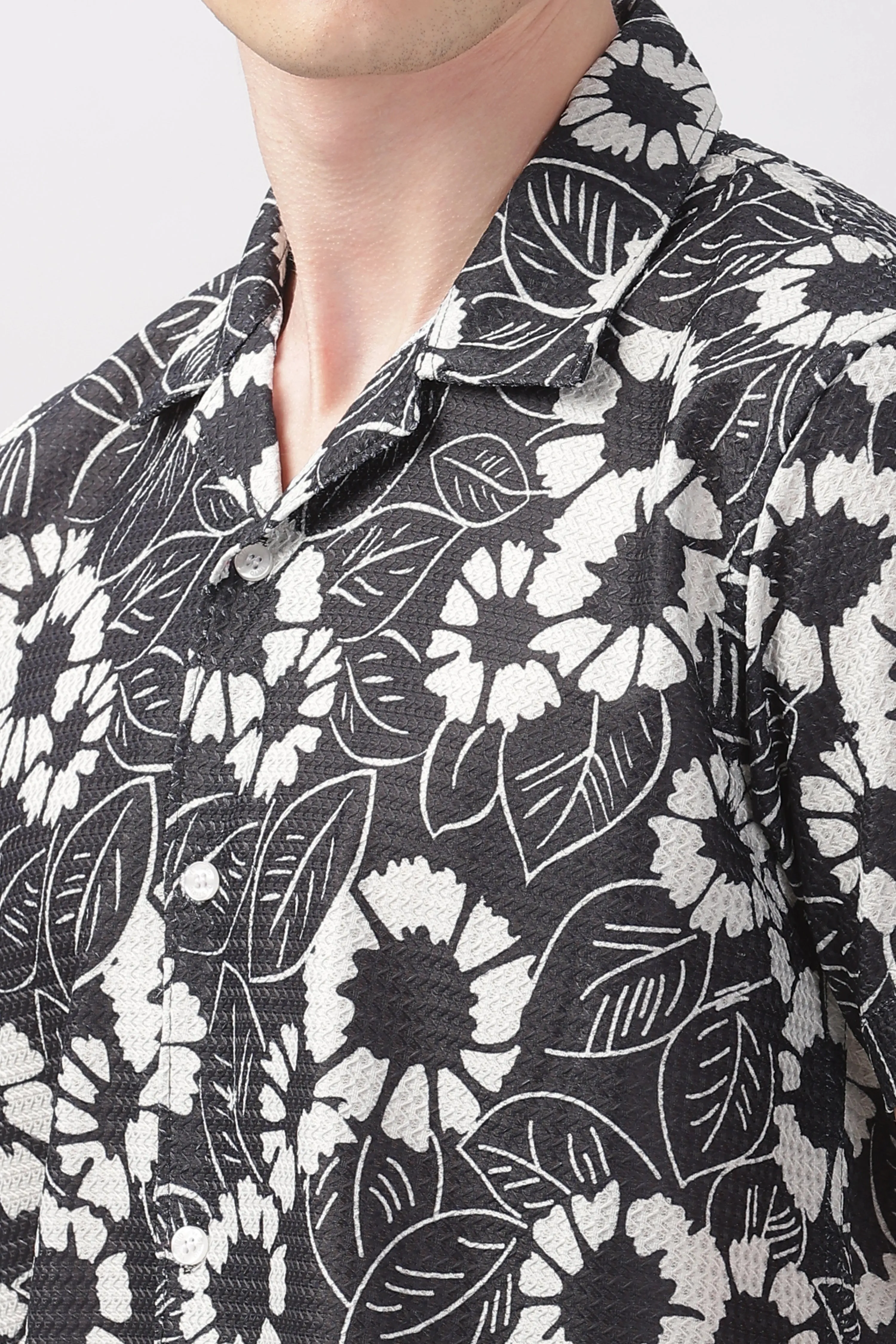 Black flower printed textured shirt