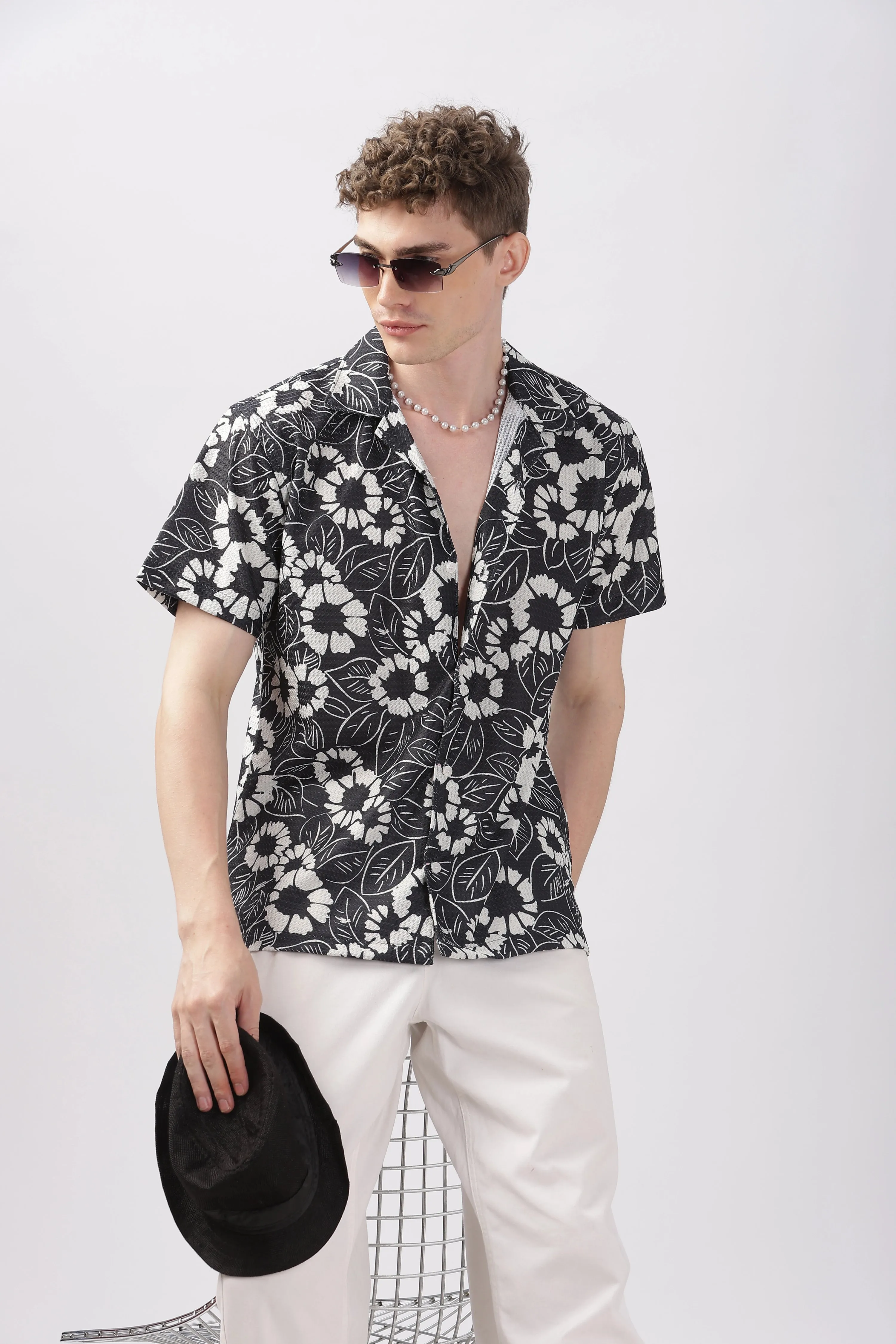 Black flower printed textured shirt