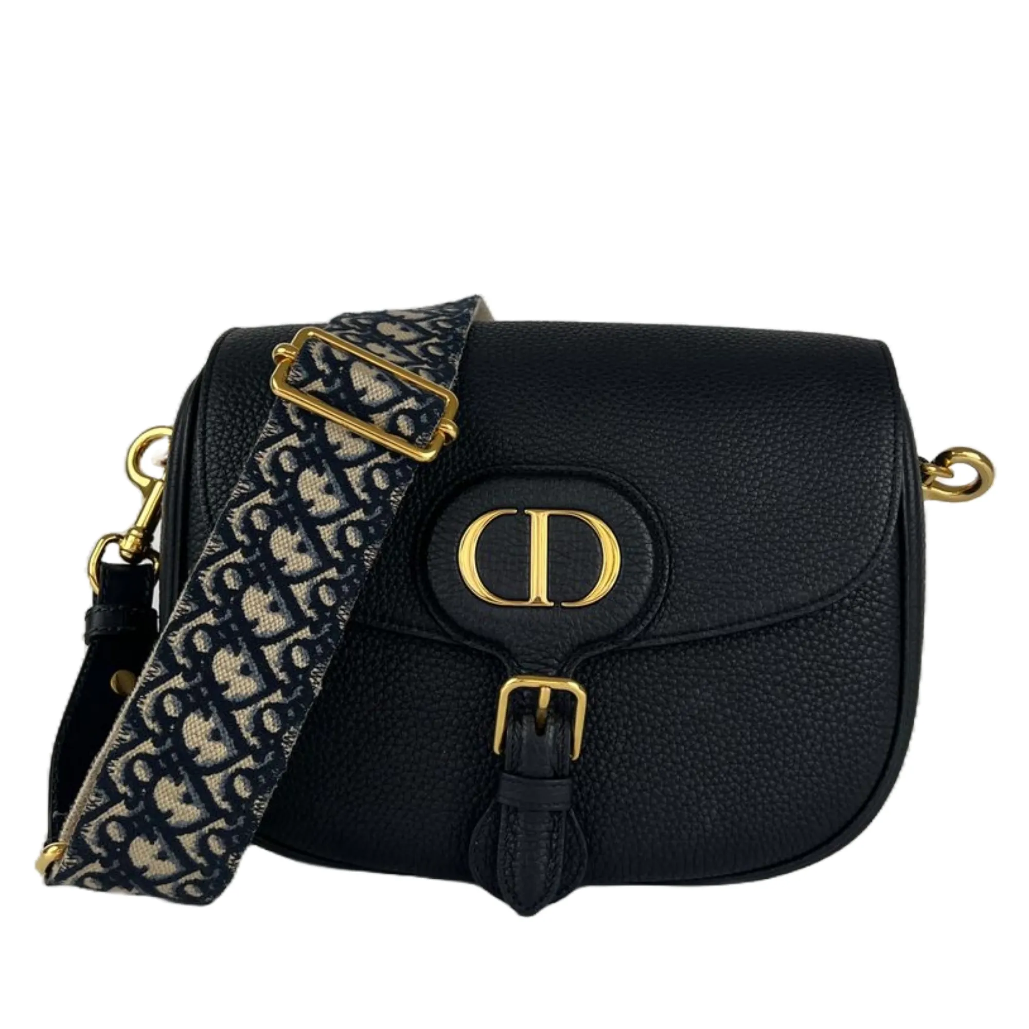 Black Grained Calfskin with Blue Dior Oblique Embroidered Shoulder Strap Large Dior Bobby Bag