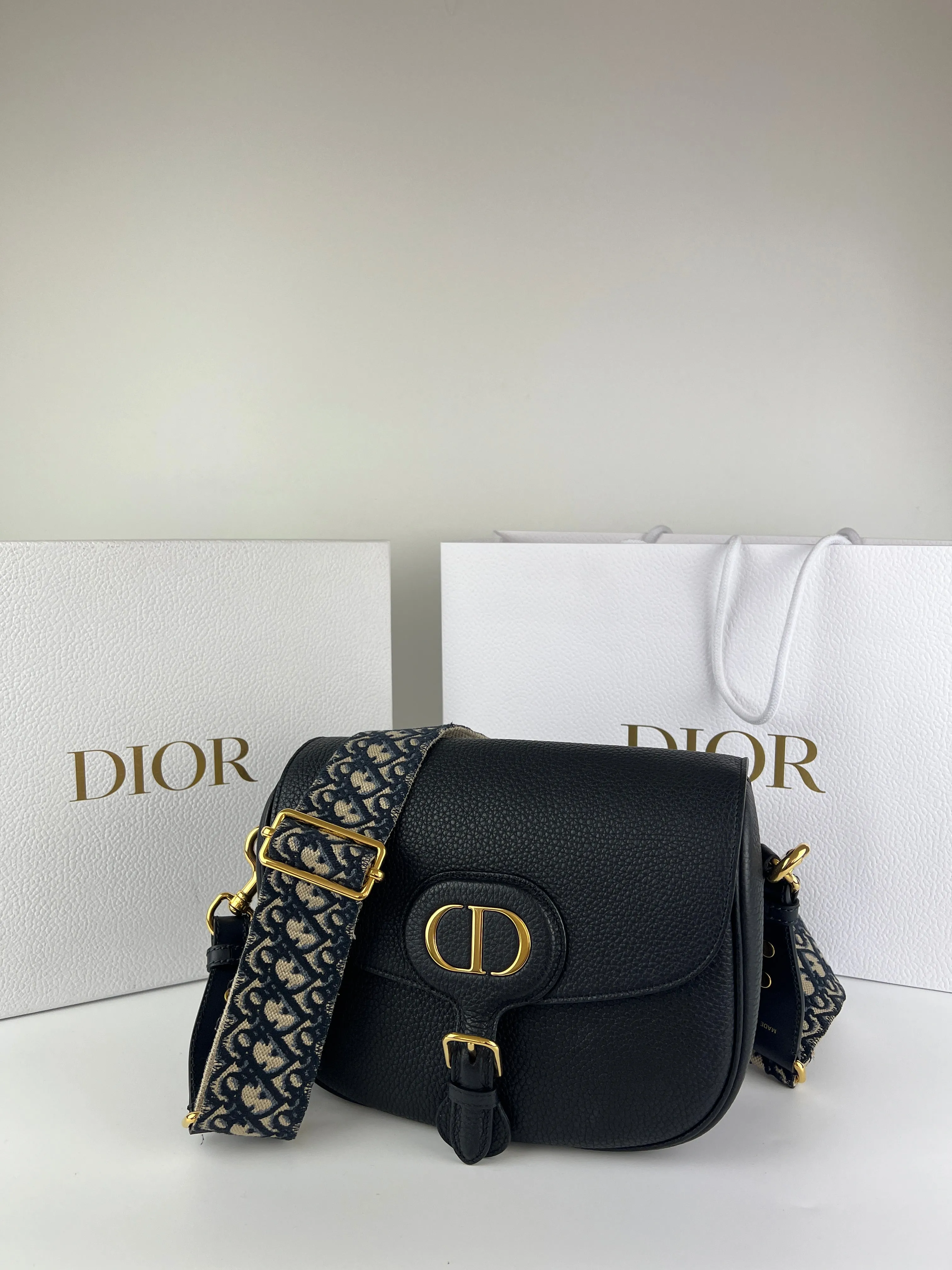 Black Grained Calfskin with Blue Dior Oblique Embroidered Shoulder Strap Large Dior Bobby Bag