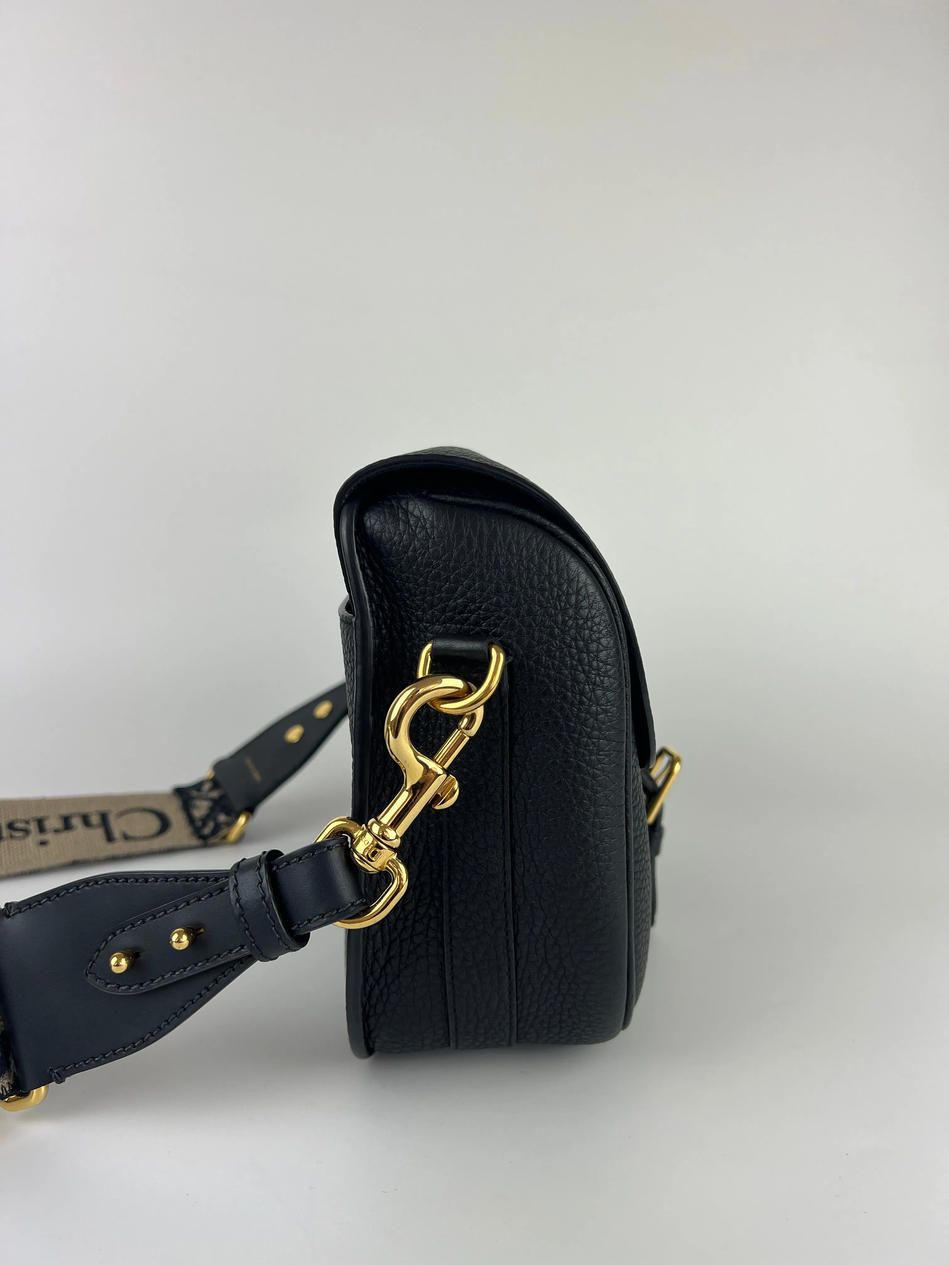 Black Grained Calfskin with Blue Dior Oblique Embroidered Shoulder Strap Large Dior Bobby Bag