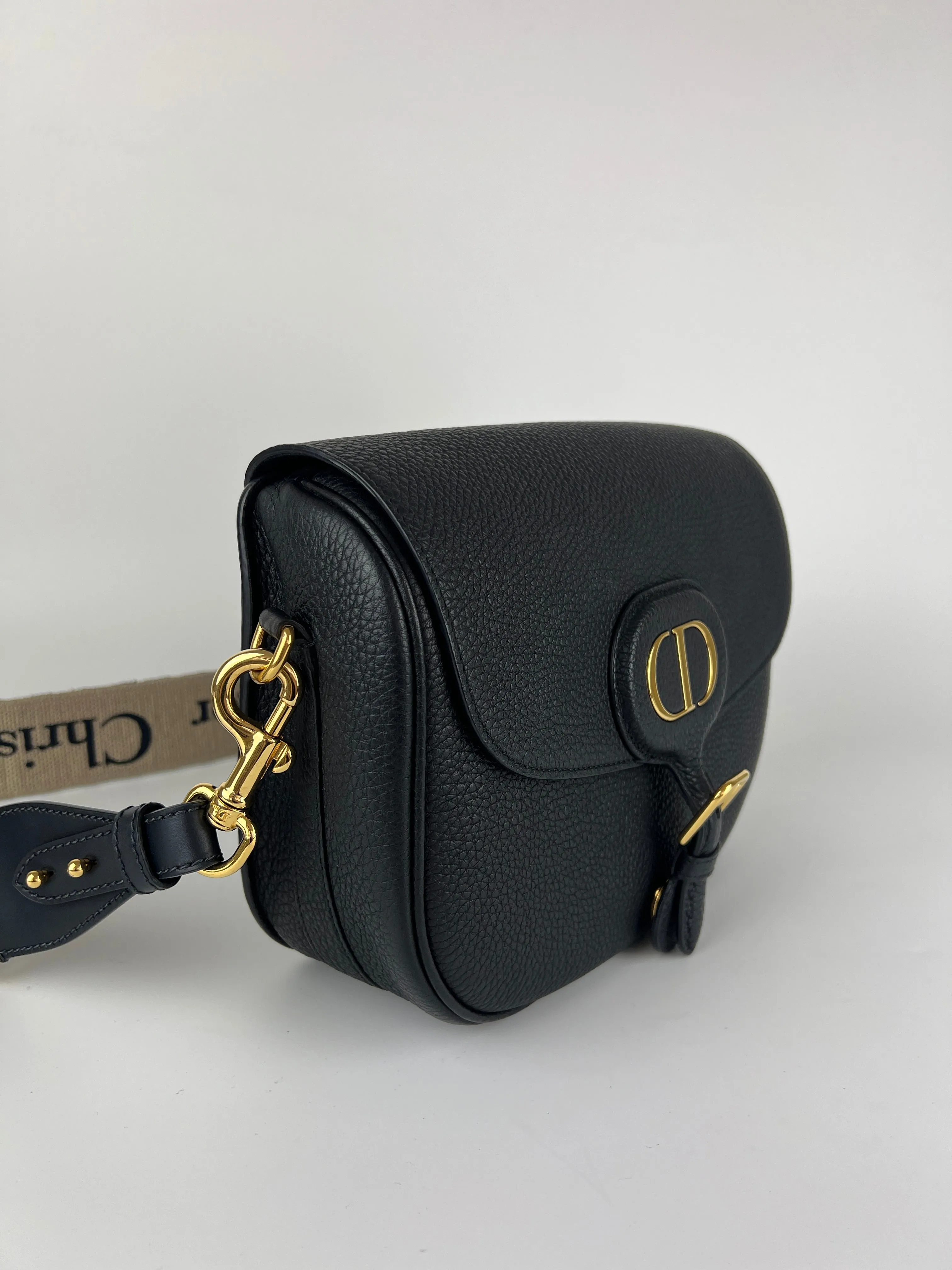 Black Grained Calfskin with Blue Dior Oblique Embroidered Shoulder Strap Large Dior Bobby Bag