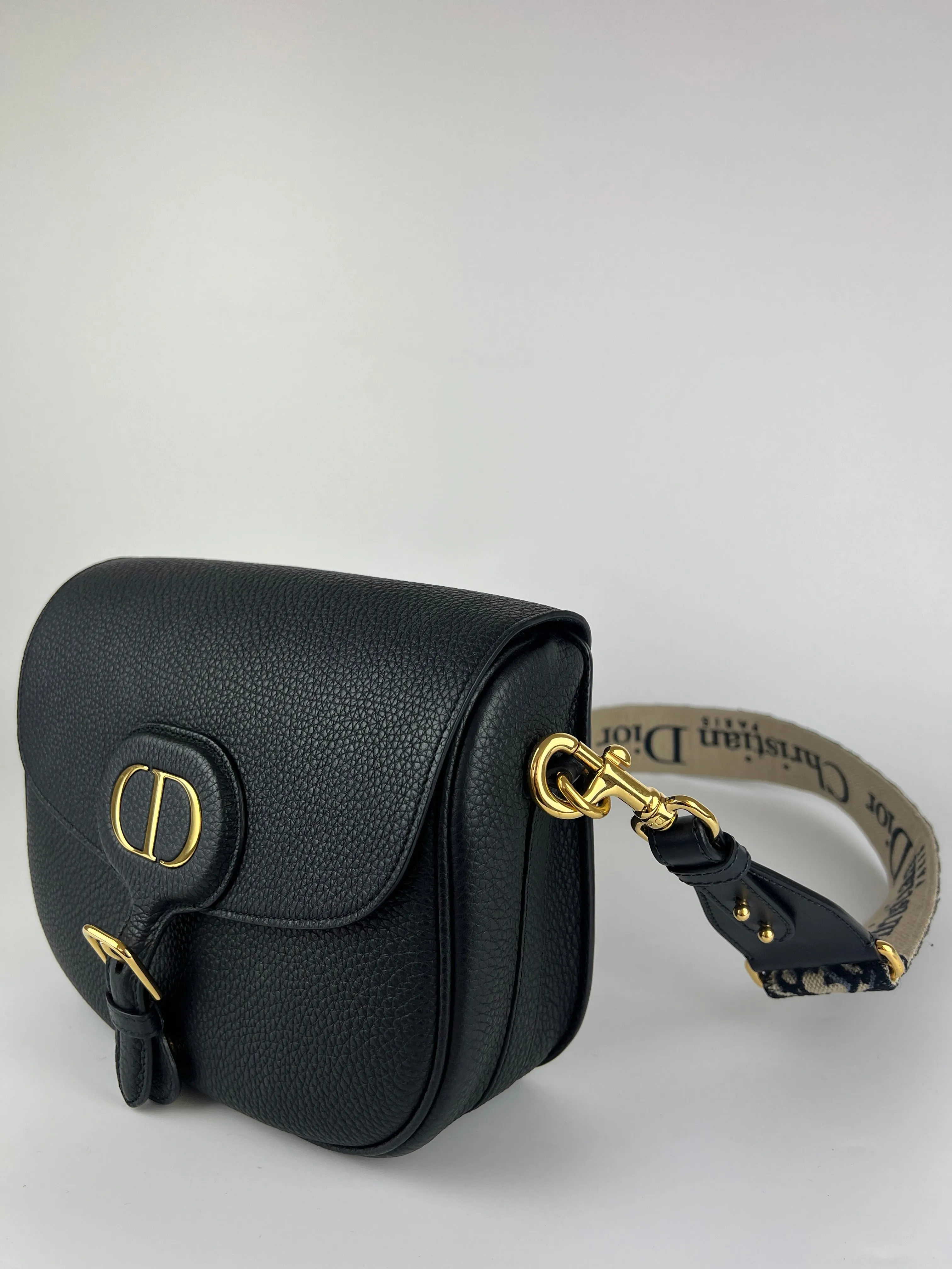 Black Grained Calfskin with Blue Dior Oblique Embroidered Shoulder Strap Large Dior Bobby Bag