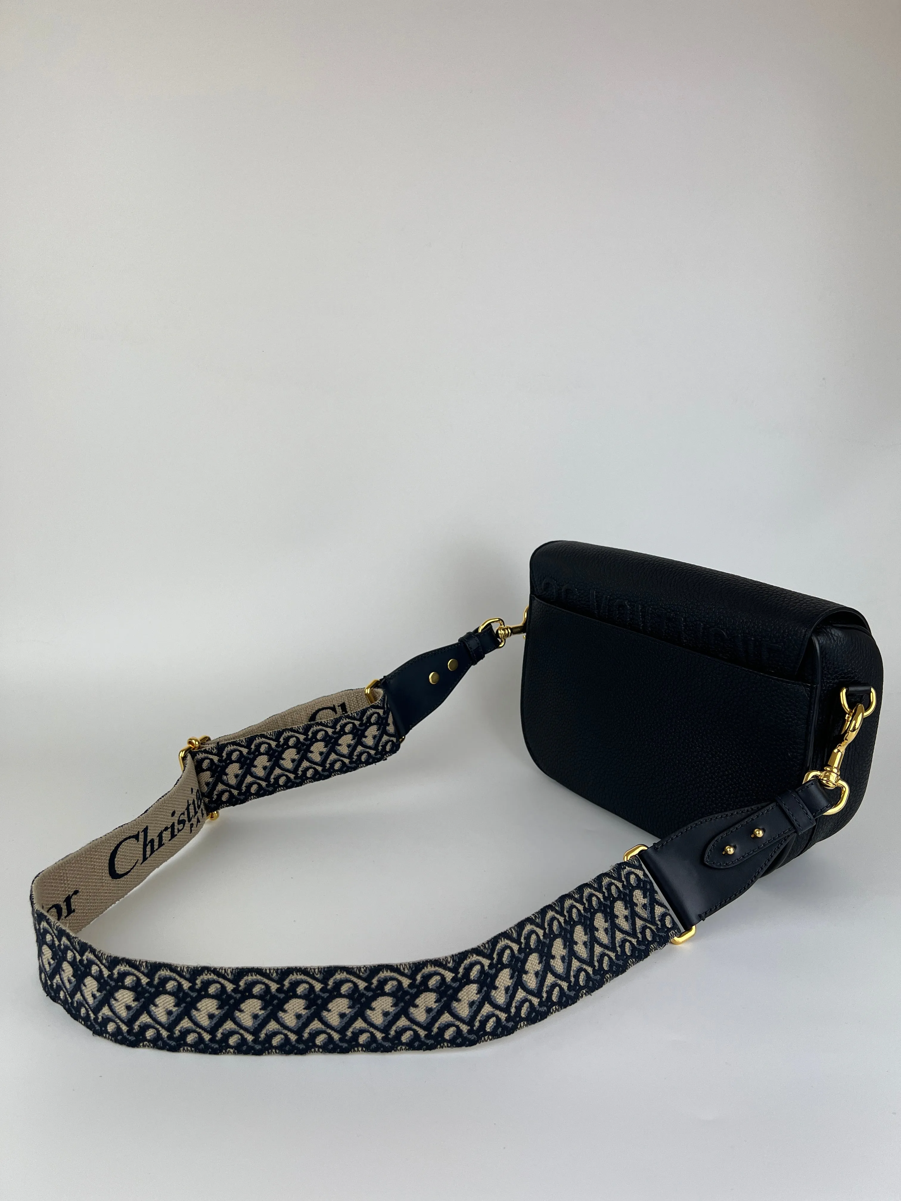 Black Grained Calfskin with Blue Dior Oblique Embroidered Shoulder Strap Large Dior Bobby Bag