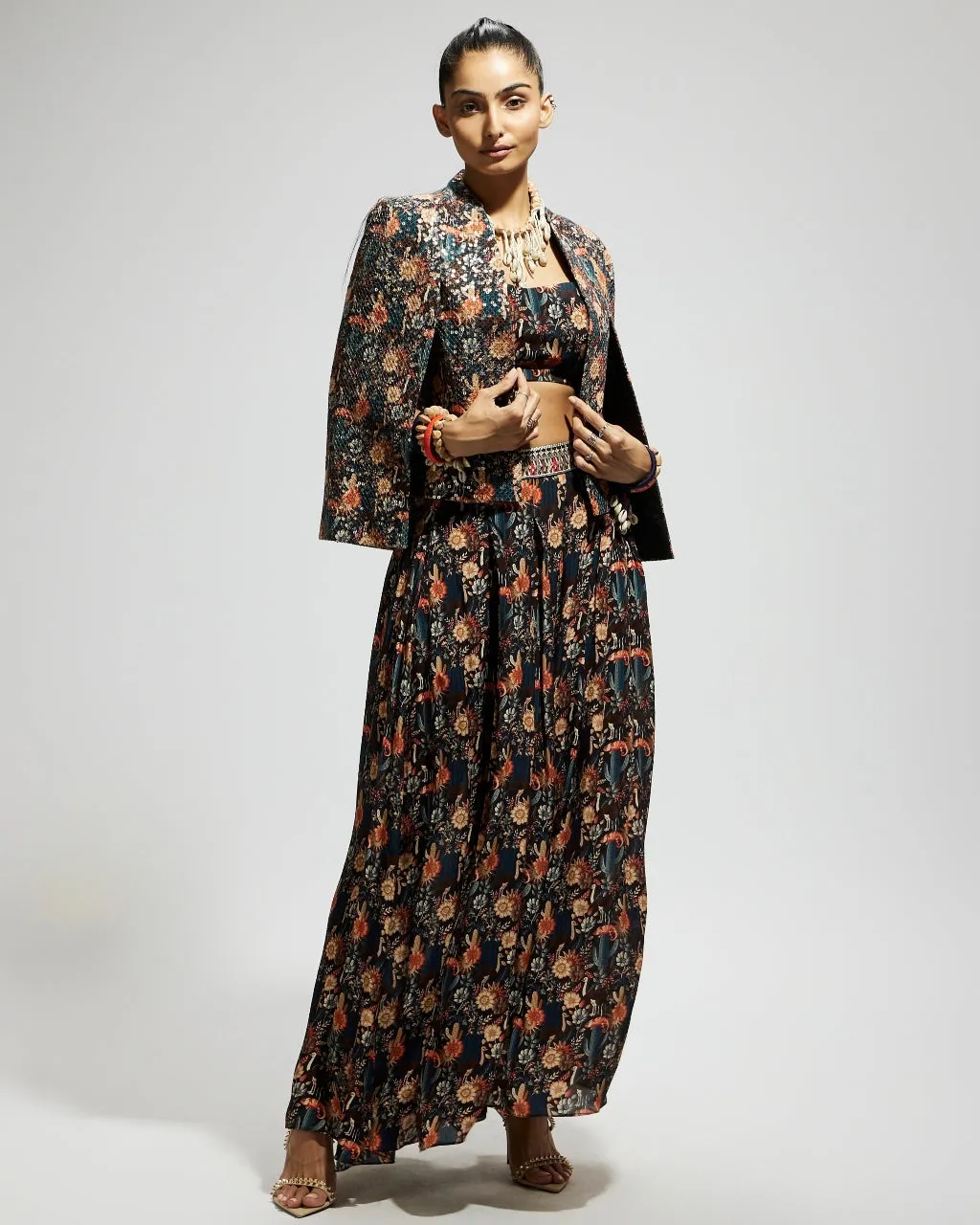 Black Jaal Embellished Cape Set