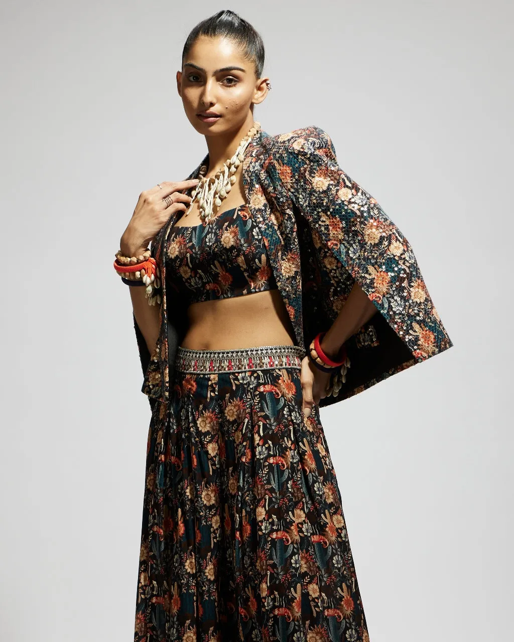 Black Jaal Embellished Cape Set