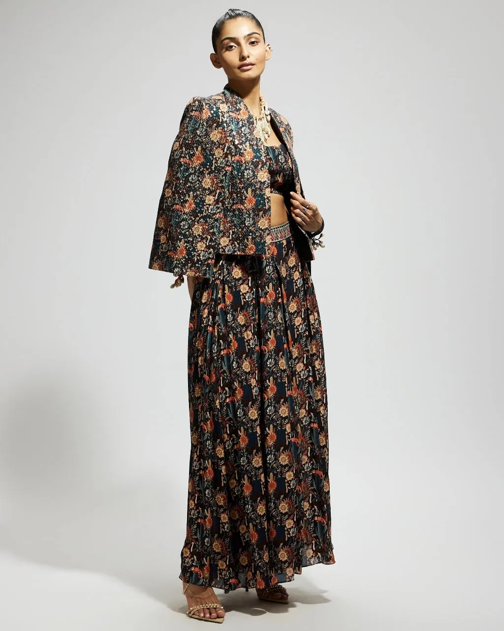 Black Jaal Embellished Cape Set