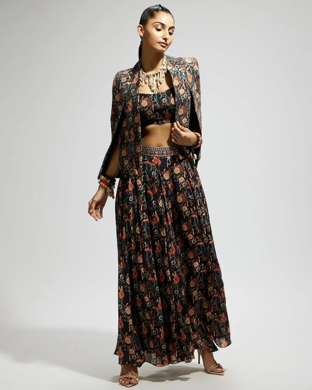 Black Jaal Embellished Cape Set