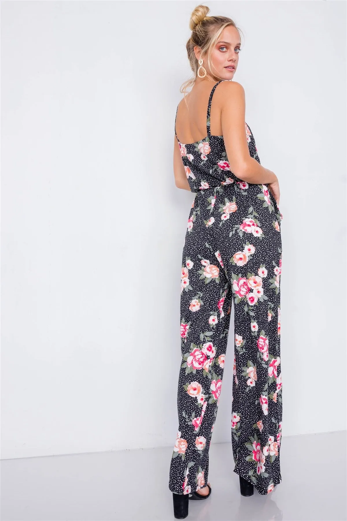 Black Rose Polka Dot Maxi Wide Leg Elastic Scoop Neck Jumpsuit