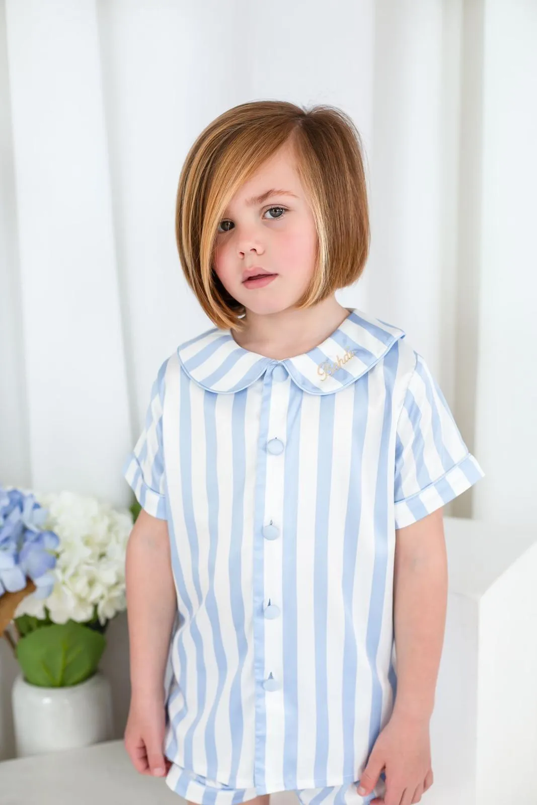 Boys Blue Stripe Pearl Short Sleeve and Leg Pyjamas