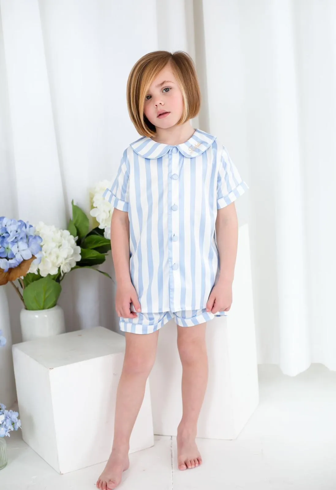 Boys Blue Stripe Pearl Short Sleeve and Leg Pyjamas