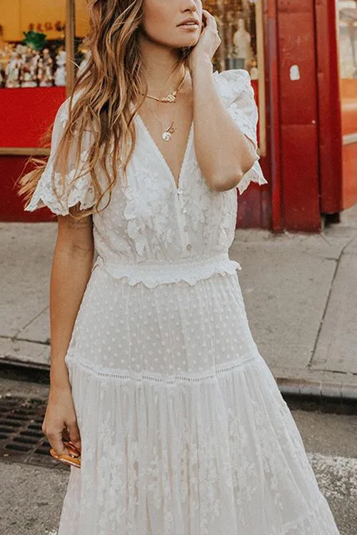 Button Lace V Neck Short Sleeve Maxi Dress