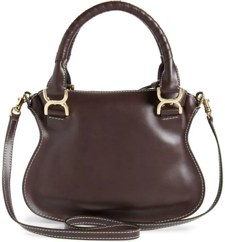 Chloé Marcie Small Calfskin Leather Satchel Black Raisin Brown Shoulder Bag