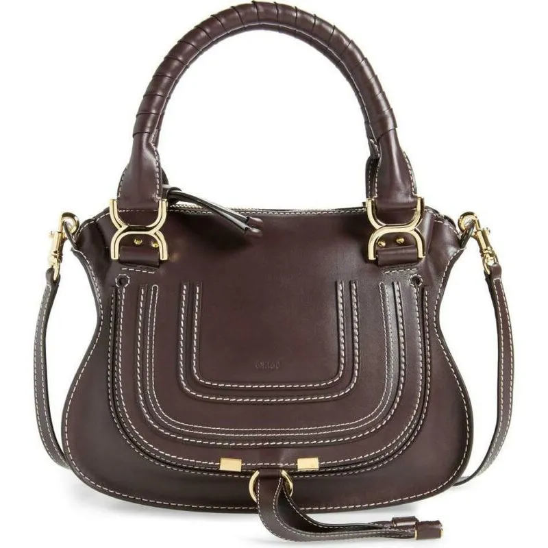 Chloé Marcie Small Calfskin Leather Satchel Black Raisin Brown Shoulder Bag