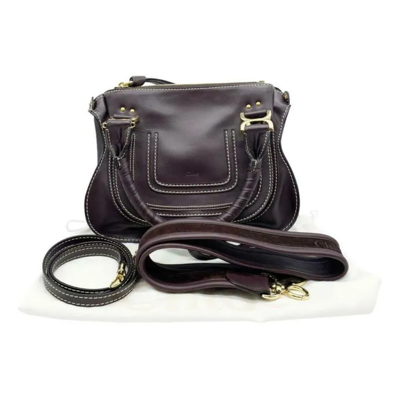 Chloé Marcie Small Calfskin Leather Satchel Black Raisin Brown Shoulder Bag