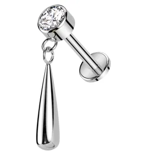 Clear CZ Dangle Teardrop Internally Threaded Titanium Labret