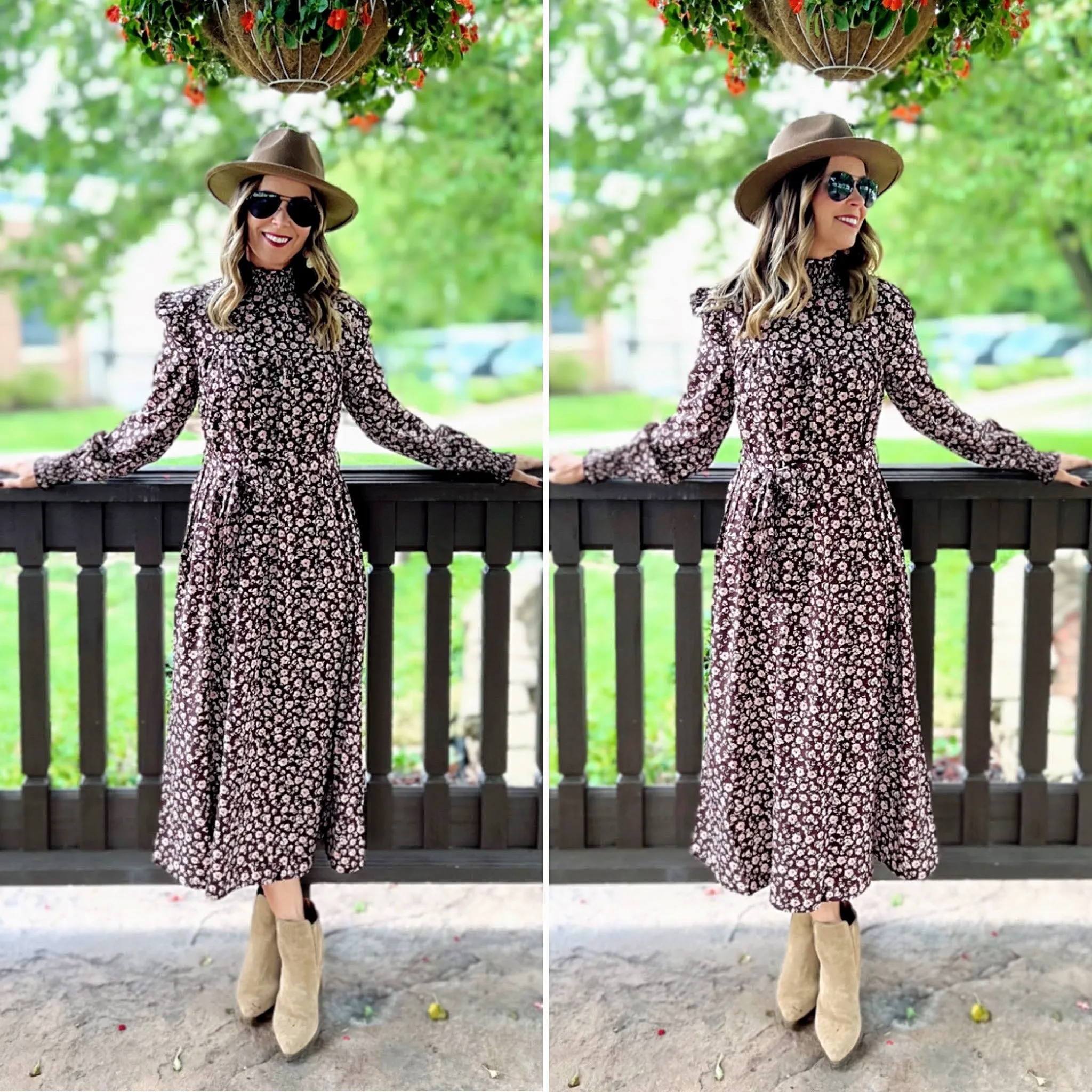 Coffee Mock Neck Long Sleeve Floral Print Dress