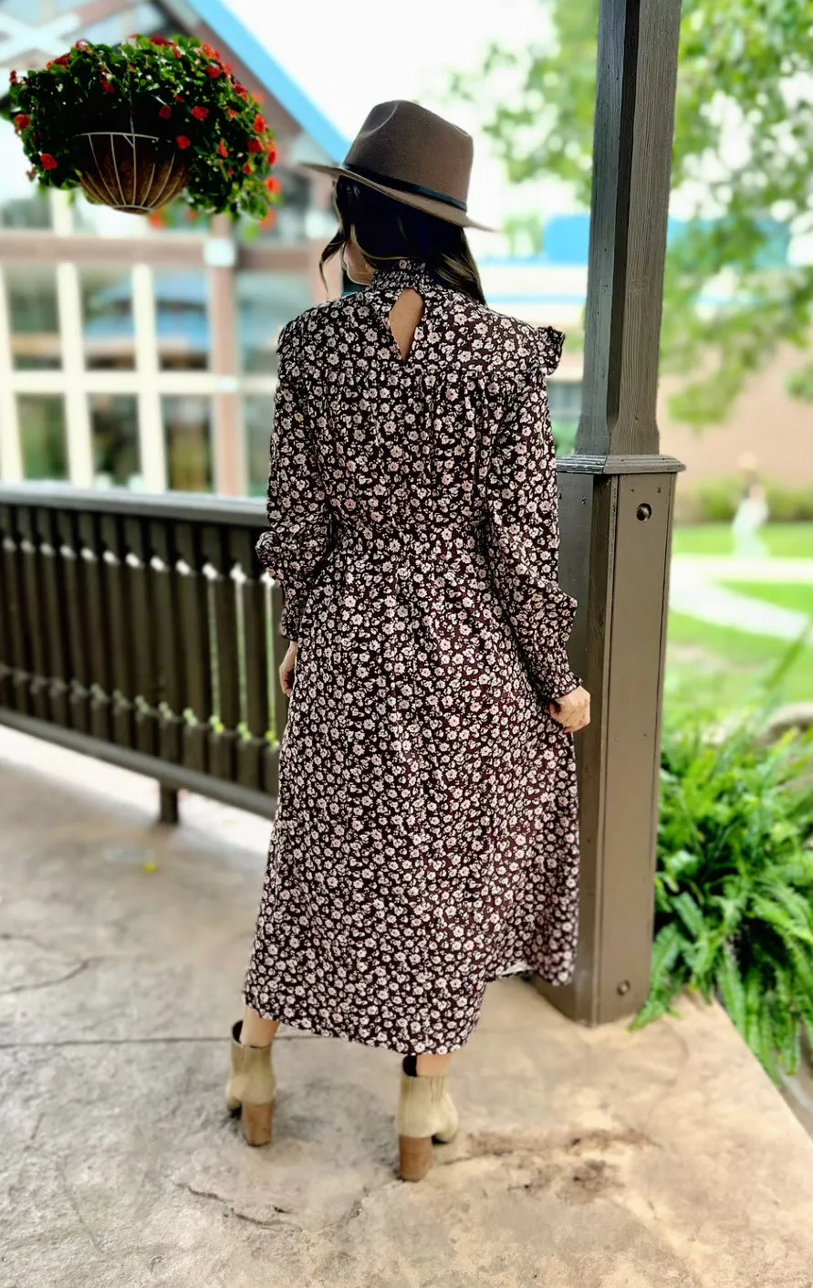 Coffee Mock Neck Long Sleeve Floral Print Dress