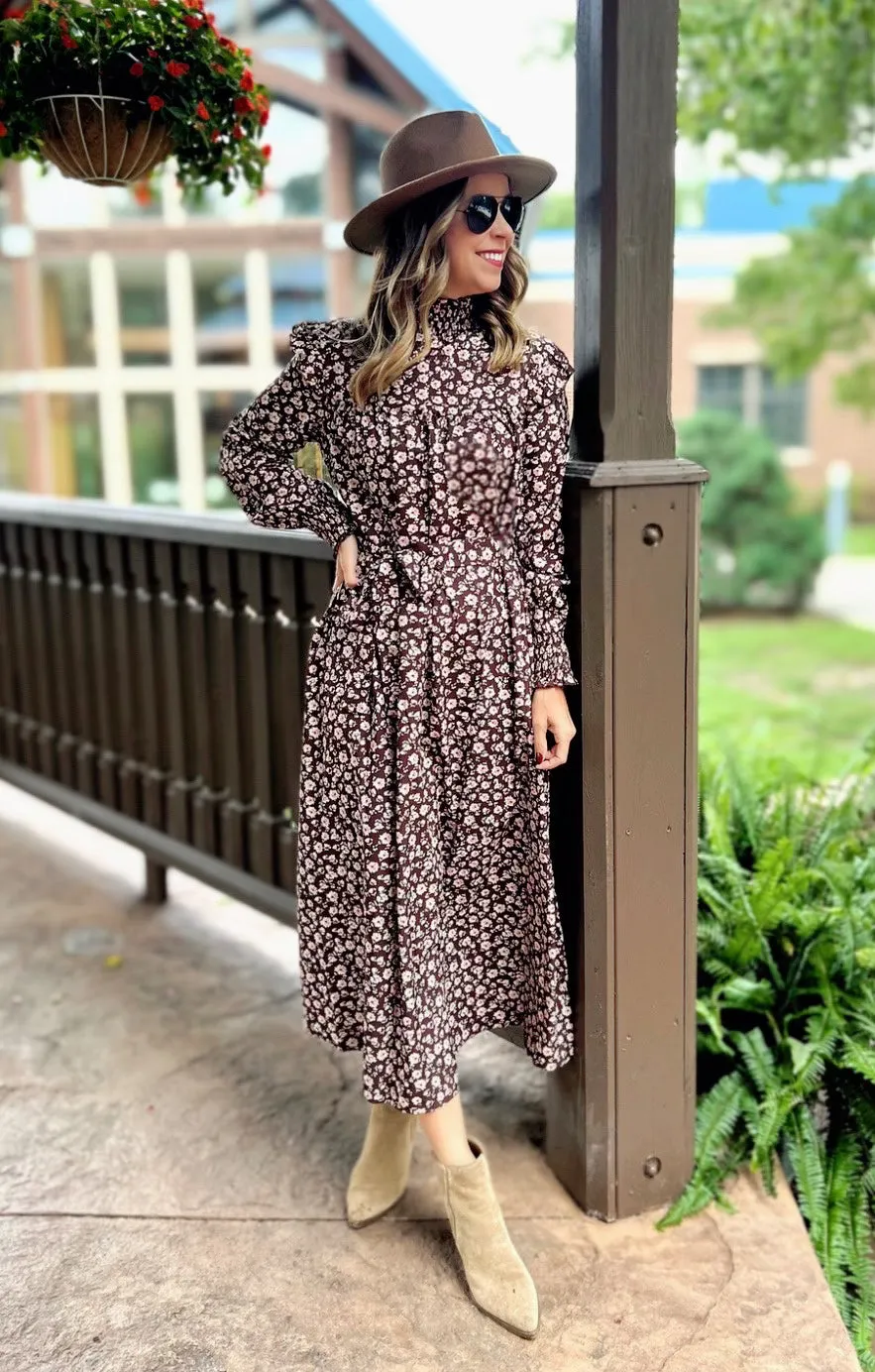 Coffee Mock Neck Long Sleeve Floral Print Dress