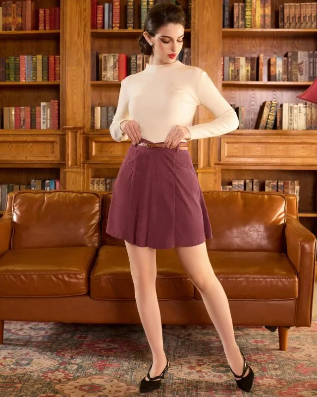 Corduroy Skirt with Pockets and Belt Basic Versatile Mini Skater Skirts