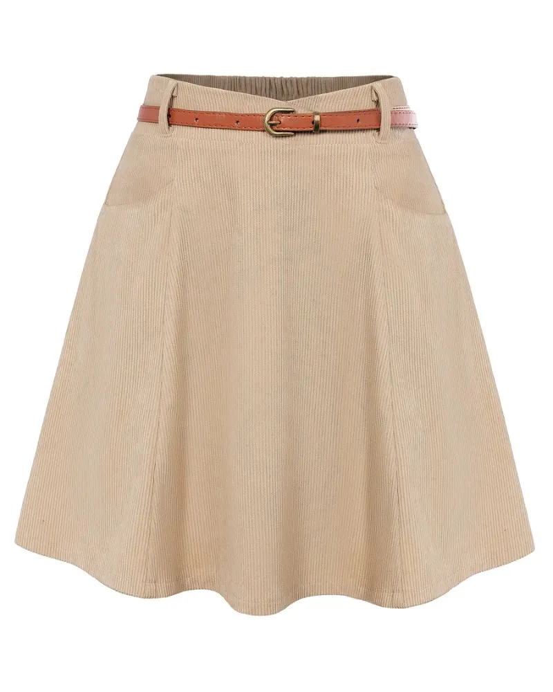 Corduroy Skirt with Pockets and Belt Basic Versatile Mini Skater Skirts