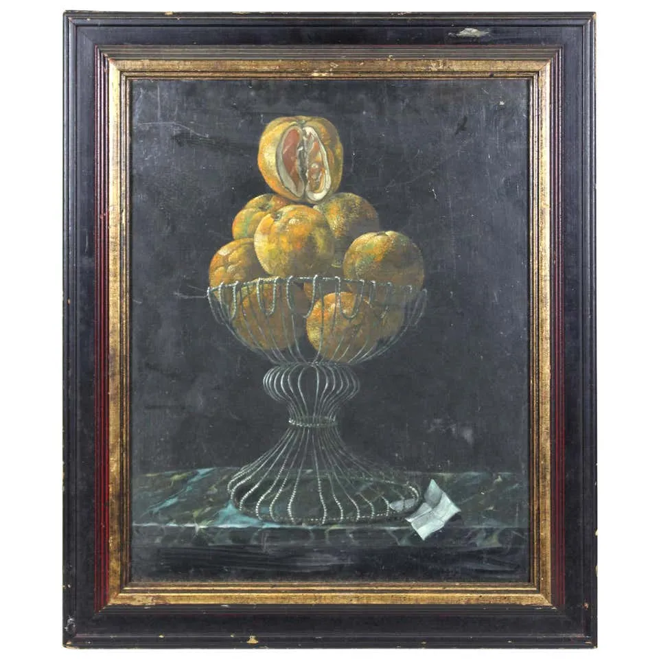 Dutch Style Still Life Oil Painting with Oranges and Metal Bowl